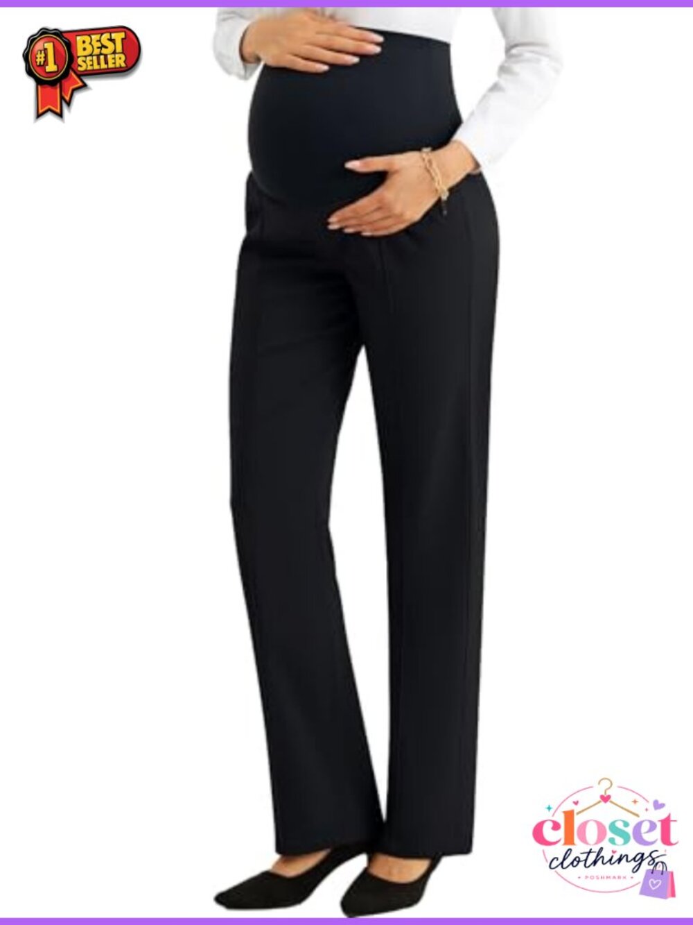 Women's Maternity Work Pants Over-Bump Stretchy Straight Leg with Pockets
